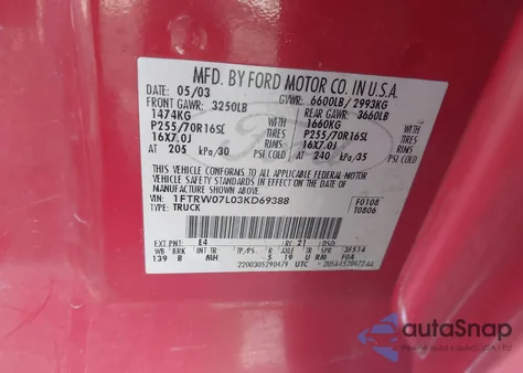 2003 Ford F-150 Lariat/Xlt from USA, damaged, VIN 1FTRW07L03KD69388